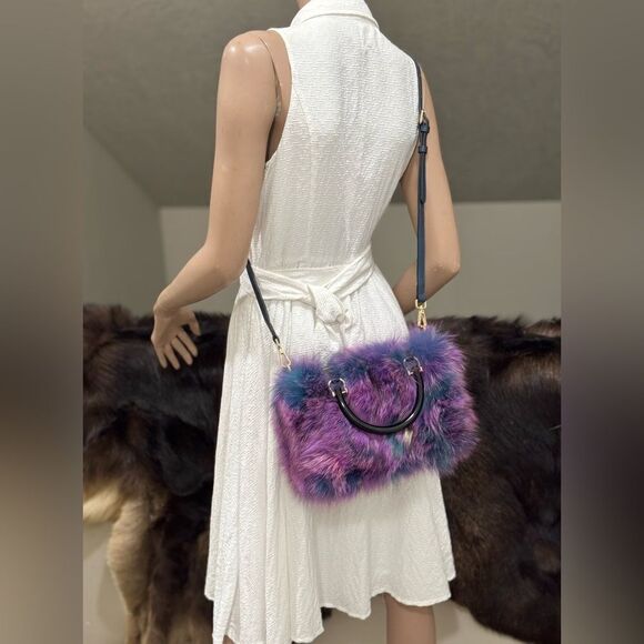 Purple Gradient Handmade Luxury Real Fox Fur Top Handles Satchel Bag/Crossbody - Picture 4 of 16